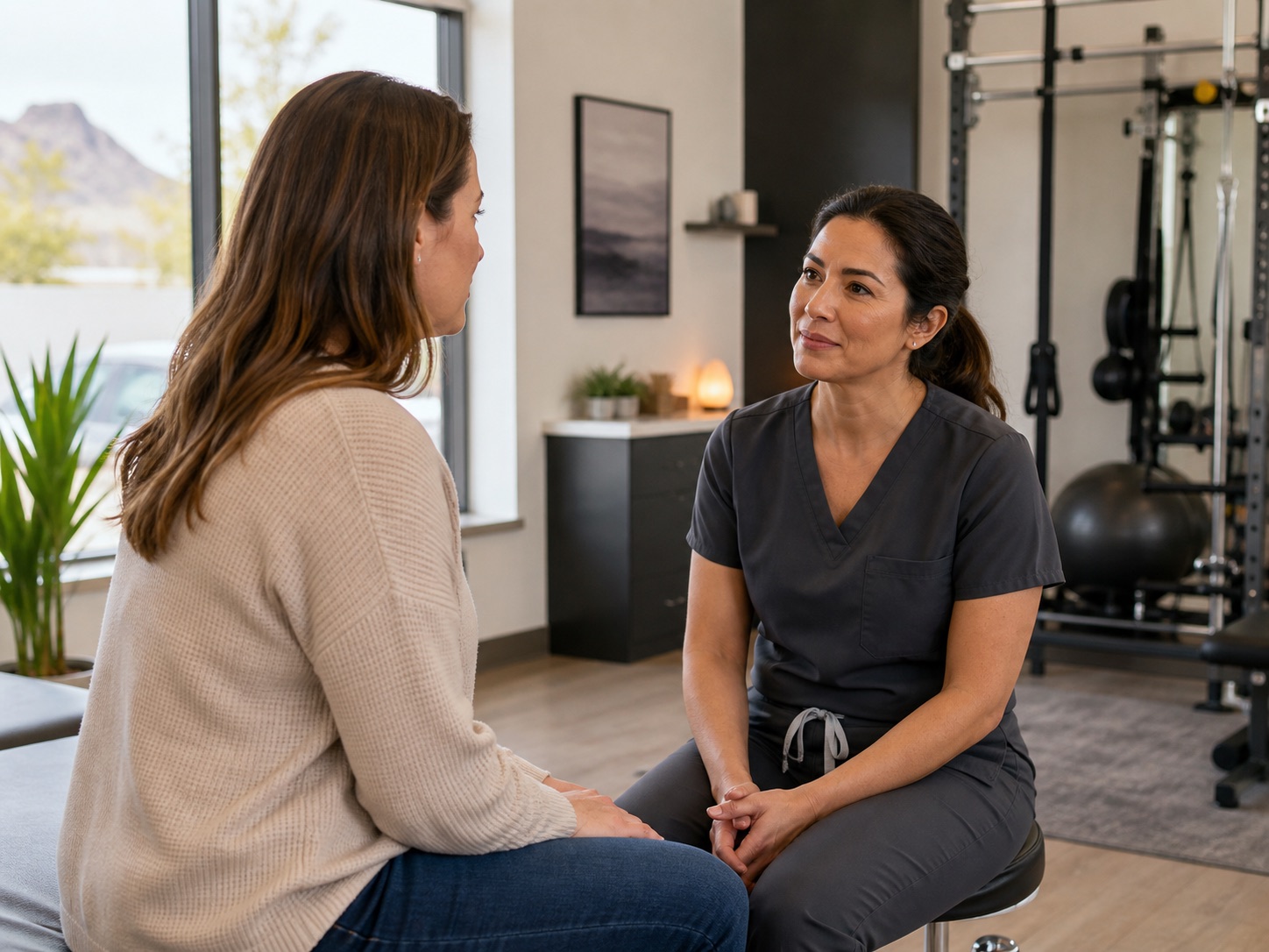 Clinician listening to an adult patient in a welcoming evaluation room.