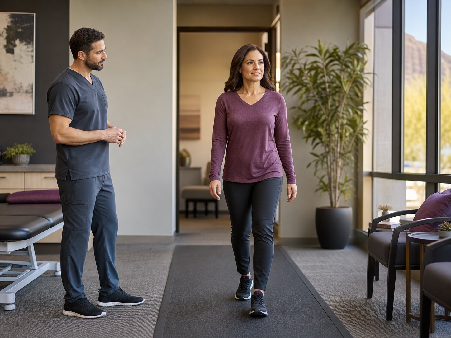 Clinician observing an adult during a simple gait assessment.