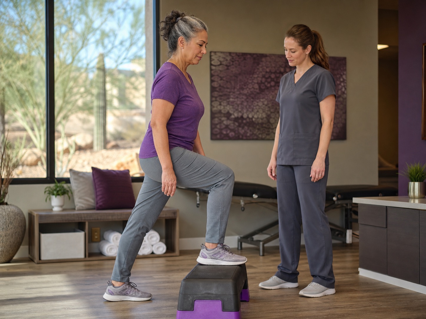 Clinician observing an older adult during a practical joint movement screen.