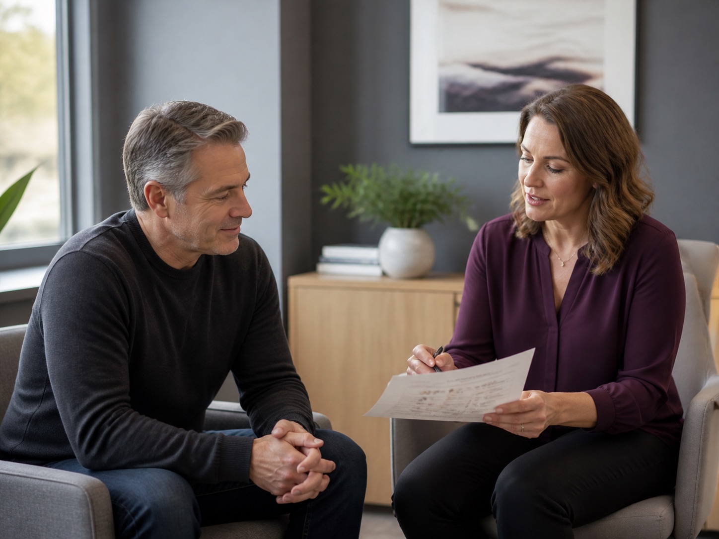 Clinician and adult patient reviewing a personalized care plan together.