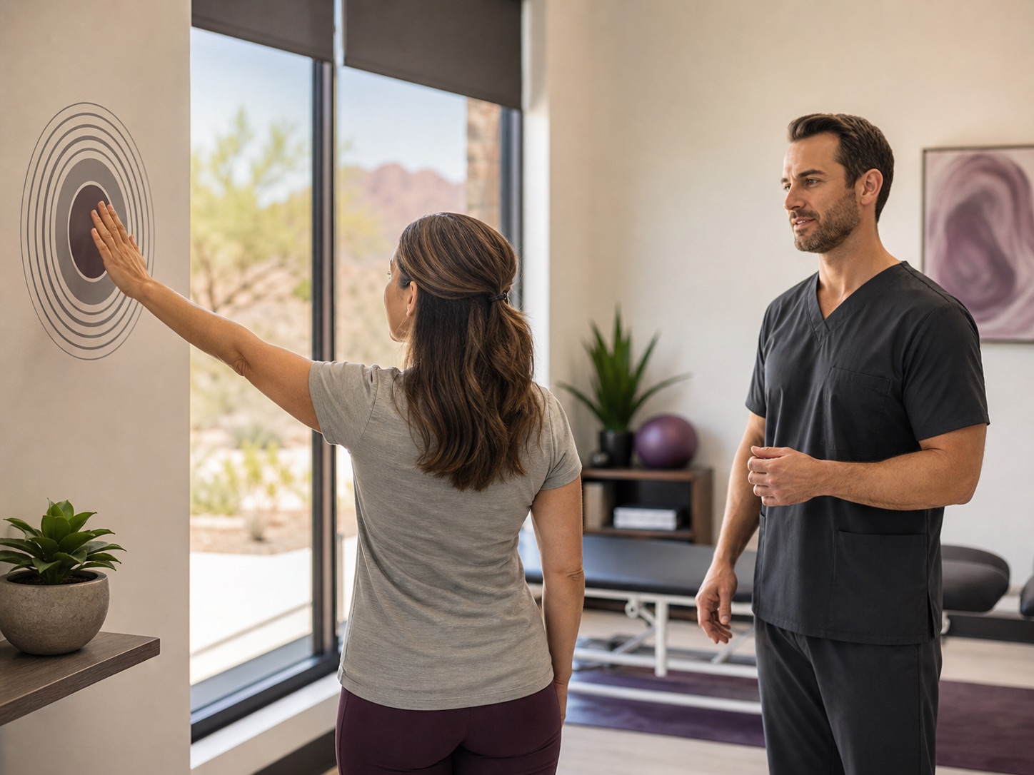 Clinician observing an adult during a shoulder mobility screen.