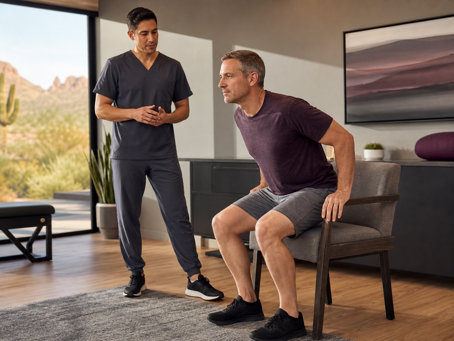 Clinician observing an adult during a sit-to-stand movement assessment.