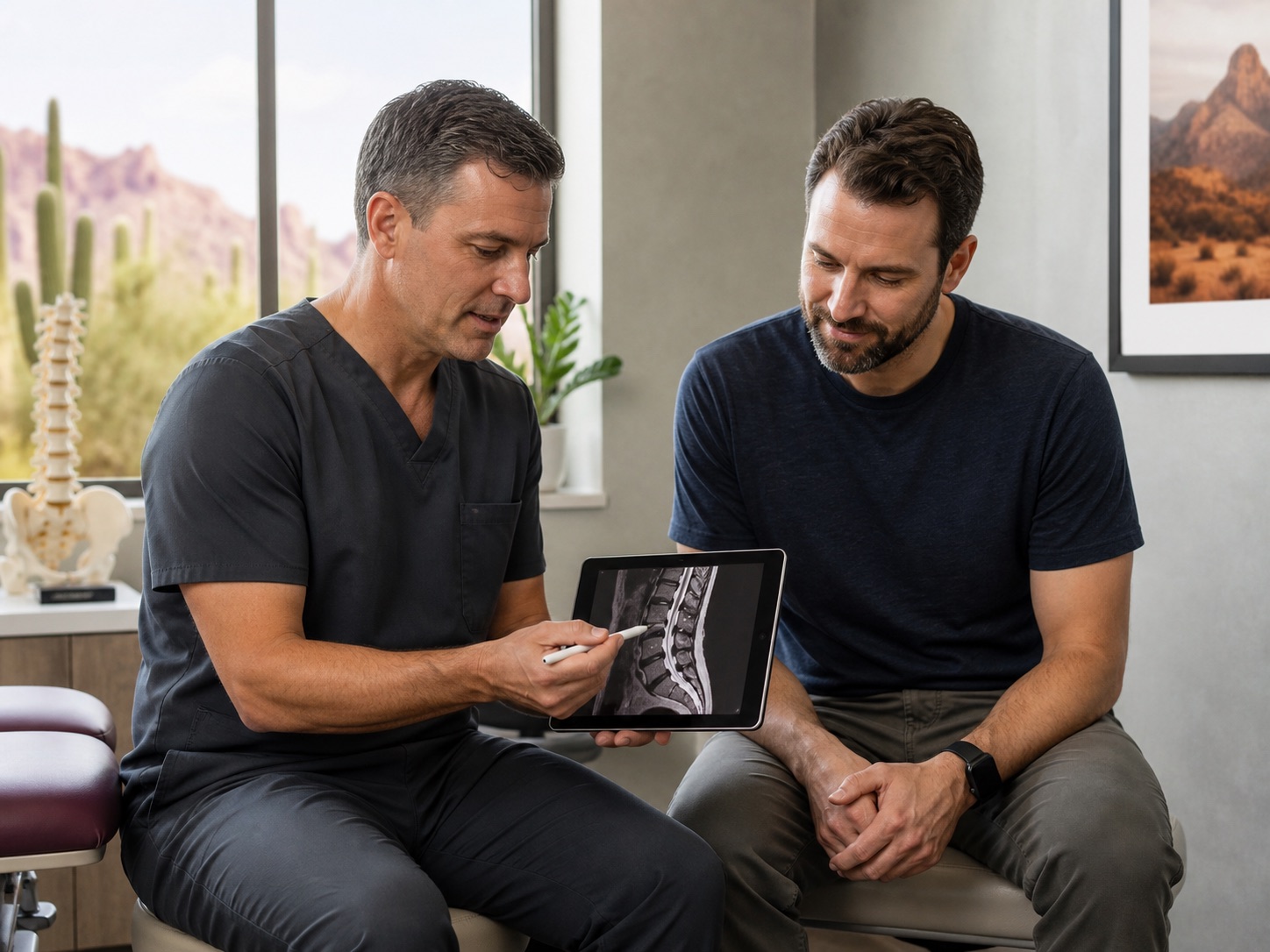 Clinician and adult patient reviewing a spine image together.