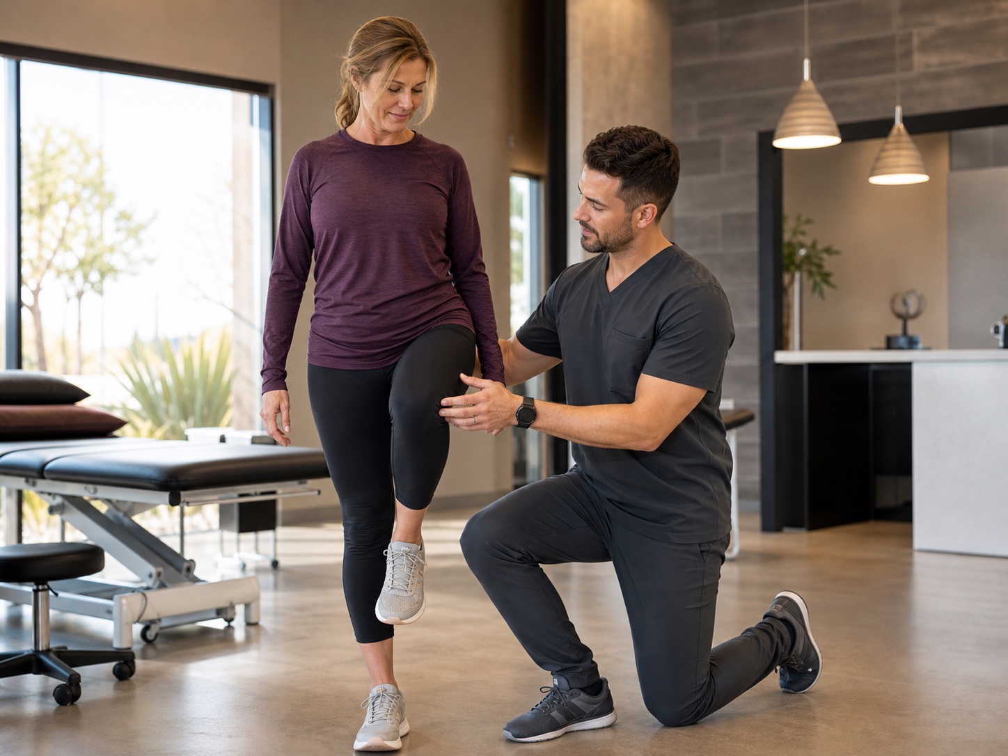 Clinician guiding an active adult through a knee movement screen.